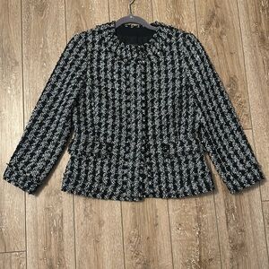 Ann Taylor Tweed Houndstooth Fringe Blazer Jacket Black & White Size 2
